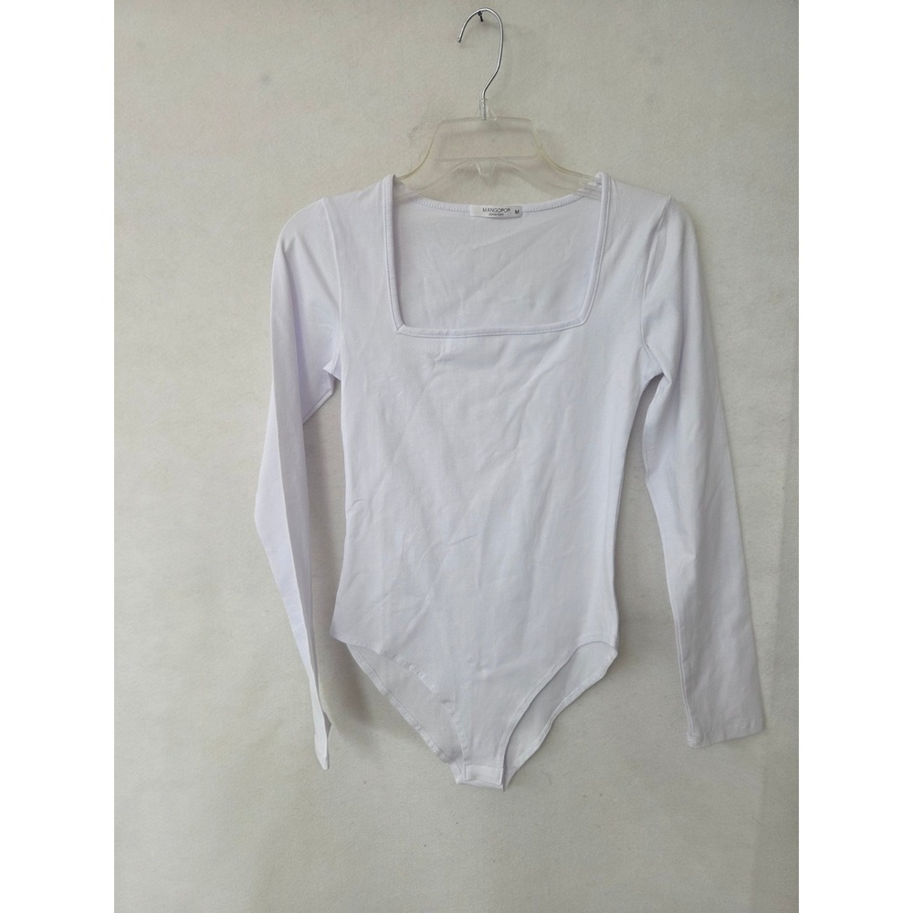 Mangopop White Long Sleeve Square Neck Bodice Snap Gusset Bodysuit Size M New - Picture 2 of 9
